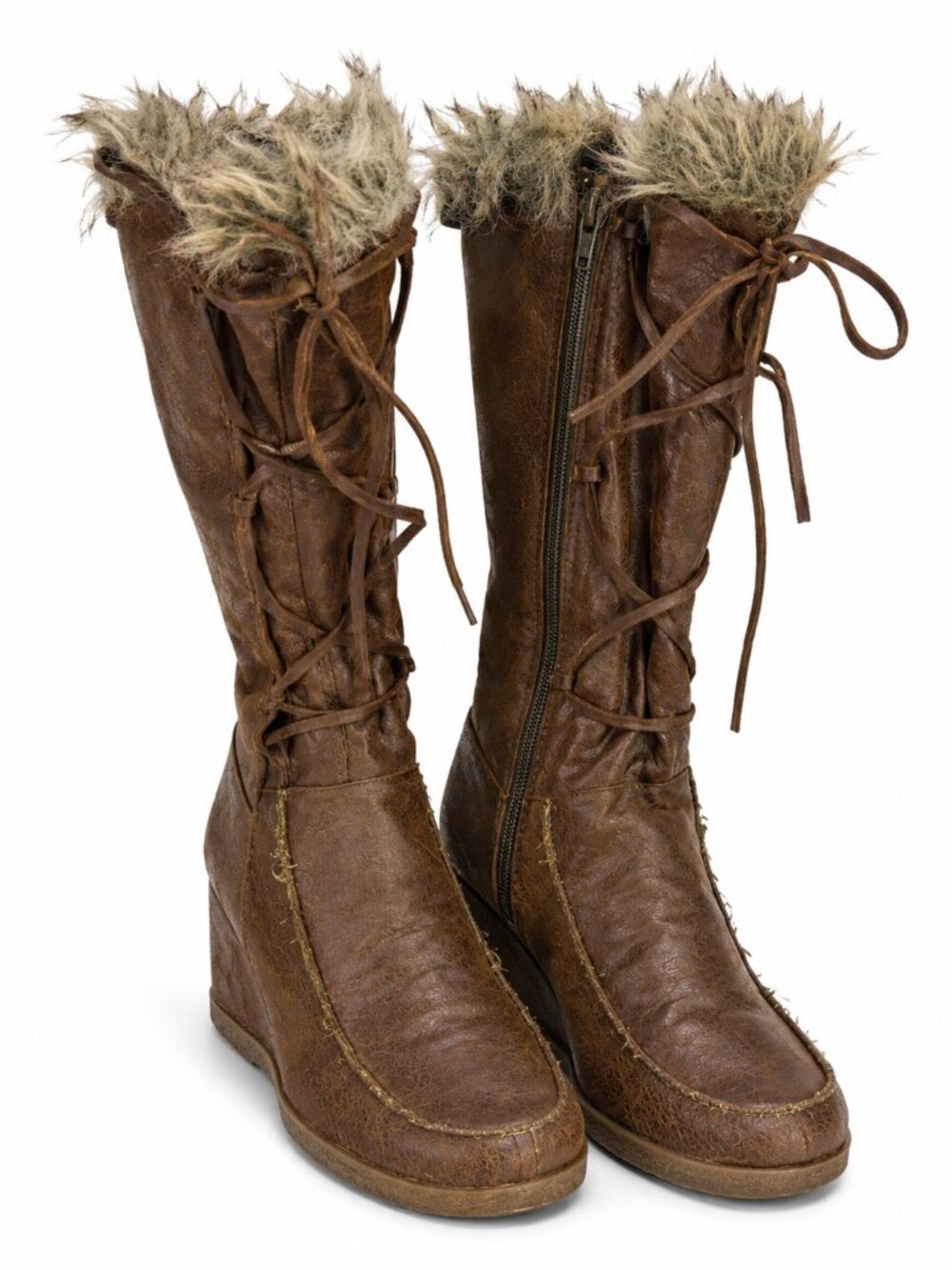 New York Fur Trim Knee High Boots Lace Up Zip Size 9.5 Boho